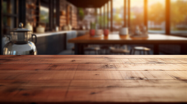 Empty Wooden Table Surface, blur kitchen interior background. Ideal for Product Placement as a Backdrop. Ai generative.