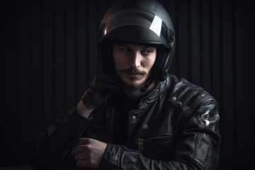 Biker in leather jacket with helmet sitting at table on black background. Generative AI