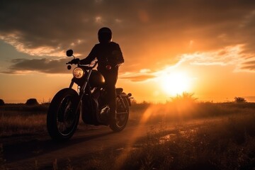 Plakat Silhouette of a motorcyclist on a motorcycle at sunset, Generative AI