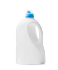 White plastic bottle for liquid detergents, laundry bleaching, fabric softener, isolated on white...