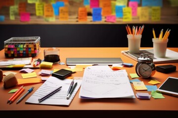desk with documents and sticky notes and stationary AI Generated