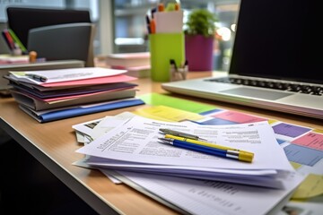 desk with documents and sticky notes and stationary