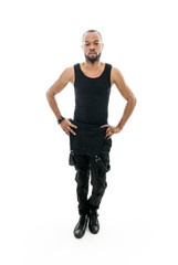 black African Man with black clothes on studio white background