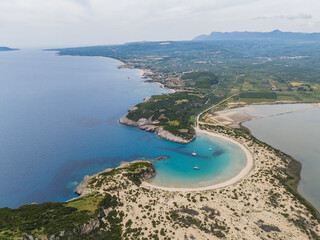 Aerial view of Voidokilia beach in Messinia, Greece
