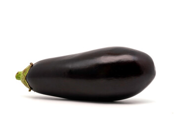 One fresh and ripe eggplant isolated on white background with copy space. Side view.