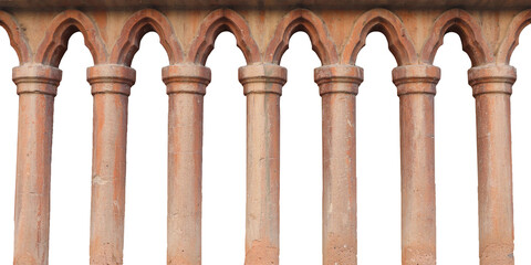Old balustrade pillars architectural element isolated PNG photo with transparent background.