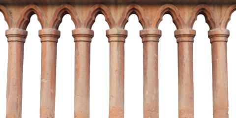 Old balustrade pillars architectural element isolated PNG photo with transparent background.