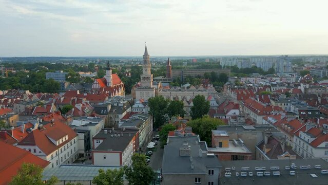 Opole. Aerial shots at sunset The market square, the opera house by the river, the most popular places in Opole.