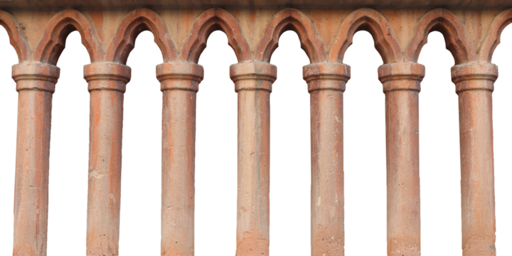 Old balustrade pillars architectural element isolated PNG photo with transparent background.