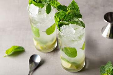 Homemade Mojito Cocktail refreshment rum, lime juice, mint leaves and soda water 