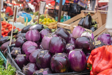Aubergines on vegetable stall of  food market Ballaro in Palermo, Sicily