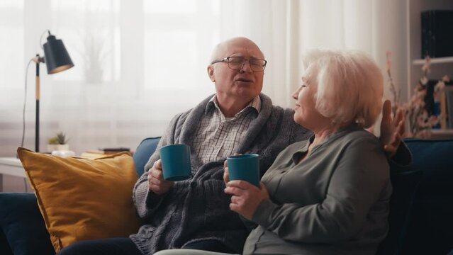 Loving senior couple talking and drinking tea on sofa at home, warm relationship