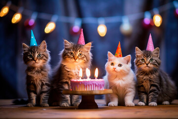 Four cats celebrating a birthday with cake. AI Generative.