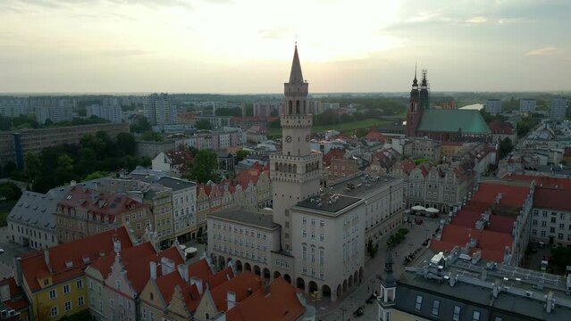 Opole. Aerial shots at sunset The market square, the opera house by the river, the most popular places in Opole.