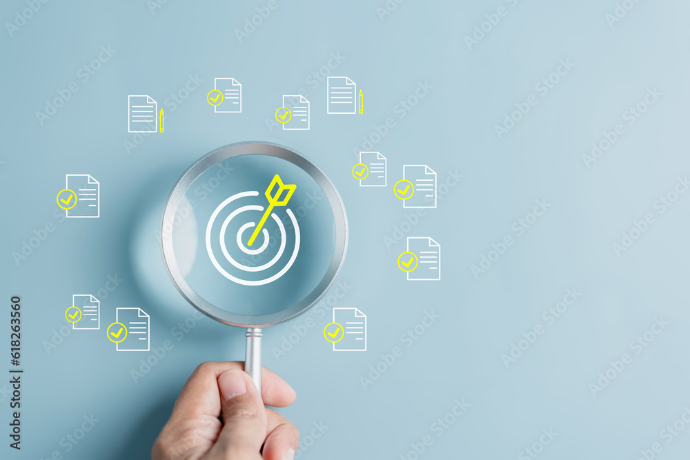 Poster magnifier glass focus to target icon which for planning development leadership and customer target g