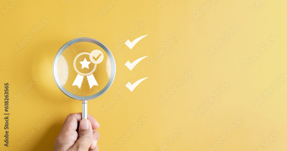 Aufkleber Checklist Quality Pass management with Quality Assurance or QA and Quality Control or QC and improvement. Standardization certification. Compliance to regulations service and standards...