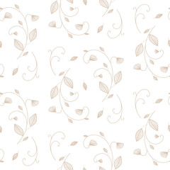 Seamless patern, beige twigs with leaves on a light background, floral contour pattern, wedding ornament, freehand digital vector drawing.