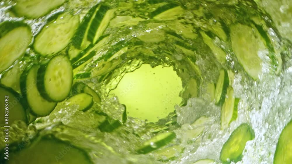 Leinwandbilder super slow motion of water wave with cucumber slices. water surf wave rotating around in creating tu