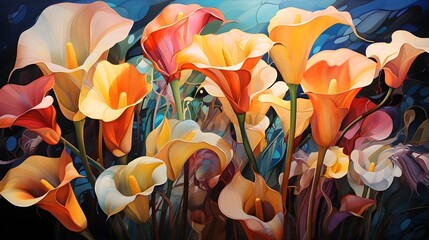 A modern and abstract representation of calla lilies, with bold shapes and contrasting colors. (Generative AI)
