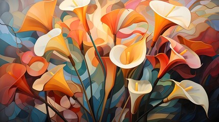 A modern and abstract representation of calla lilies, with bold shapes and contrasting colors. (Generative AI)