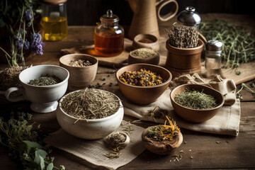 Various dried spices and herbs on a wooden table, AI Generated
