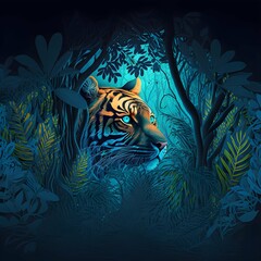 view from binoculars tiger hiding in bioluminescent foliage 