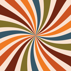 Groovy 60s or 70s retro background, blue green brown orange and cream swirl sunburst pattern in autumn or earthy color palette, vintage colorful vector design of spiral stripes in abstract sun design