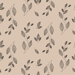 Seamless patern, black twigs with leaves on a light beige background, floral contour pattern, wedding ornament, freehand digital vector drawing.
