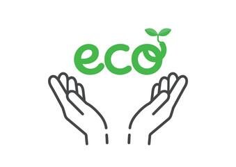 小さな芽が出たecoの文字を大切に守る人の手のイラスト - エコ･エコ活動・節約のイメージ素材
