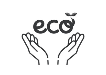 ecoの文字と植物の芽を大切に守る人の手のイラスト - エコロジーやエコマーク･省エネのイメージ素材
