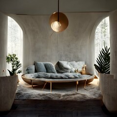 cosy light living room modern interior design natural light colours upholstered furniture rounded sofa natural materials plants soft lighting soft tones photorealistic cinematic shot highly 