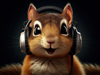 Happy chipmunk wearing headphones, ai generative