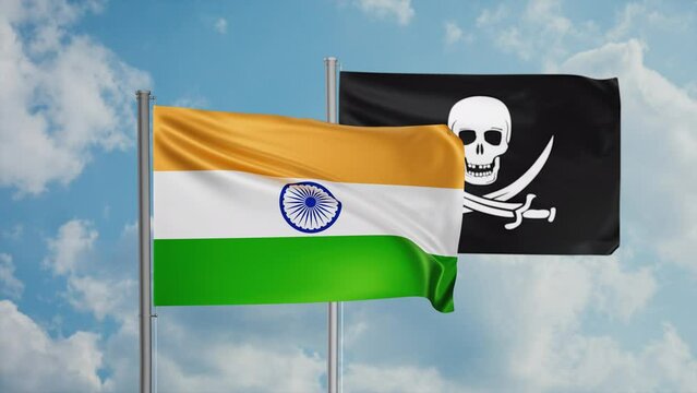 India flag and corsair flag waving together in the wind on blue sky, cycle looped video