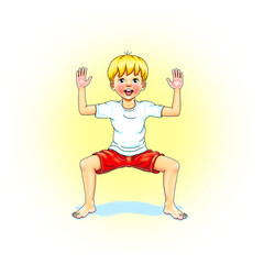 Kids Yoga - Joga für Kinder, Asana Gott oder Göttin, horizontal Banner Design Concept Cartoon. Junge barfuß in Yoga Haltung, macht fröhliches Gesicht. Yogi Logo auf Hintergrund in weiß.