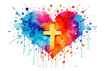 Yellow Christian Cross in Colorful Watercolor Heart Isolated on White Background, Religious Symbol