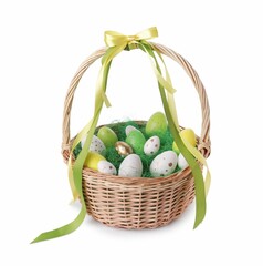 Wicker basket with beautifully painted Easter eggs isolated on white
