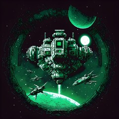 pixel art space station installation in murky green nebula docking ring sateltite dishes sensor array asteroids background snes style  - obrazy, fototapety, plakaty