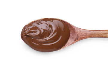 Spoon with tasty chocolate paste on white background, top view
