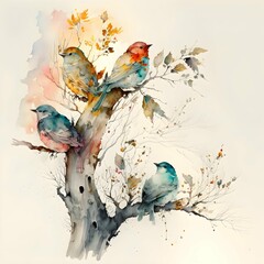 Birds are on the tree watercolor soft subtle colors 