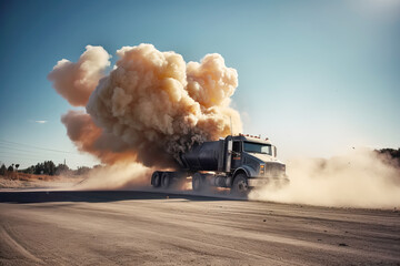 Freight fuel truck explosion with fire and smoke. Generative AI illustration - obrazy, fototapety, plakaty