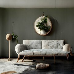 living room scandinavian architecture design natural pale colours furniture rounded sofa plants natural materials atmospheric soft lighting afternoon render with soft tones photorealistic cinematic  - obrazy, fototapety, plakaty