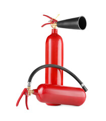 Naklejka premium Two red fire extinguishers on white background