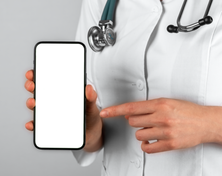 Mobile phone mockup in doctor hands closeup