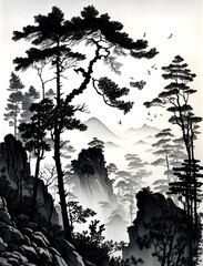 forest landscape sumie painting superdetailed extremely intricate well textured 