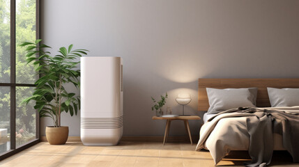 White modern air purifier & dehumidifier in a beige-brown bedroom with a gray bed, sunlit palm tree on wood parquet floor—ideal 3D backdrop for healthcare and health tech products.