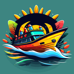 A small motorboat. Motorboat rental. Maintenance and service of motor boats. Cartoon vector illustration