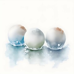 3 hard snowballs made of ice watercolors white blurred background studioghibli style 