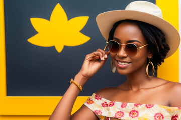 Digital Portrait of happy young black female model in fashionable sunglasses and textile hat. Generative AI
