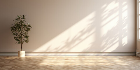 An empty luxury room with a beige white wall in dappled sunlight from a window and tree leaf shadow on wood chevron parquet. 3D image for luxury interior design, decoration product background.