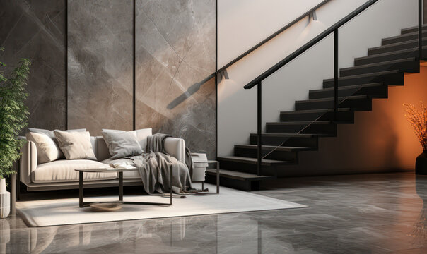 A modern gray marble stone stair with a tempered glass panel and black steel handrail in a beige living room with a sofa in sunlight from a window on granite floor. 3D interior background.
